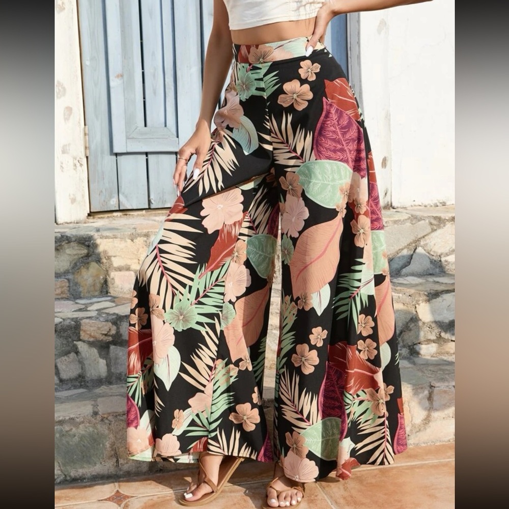 Boho floral leaves tropical print wide leg palazzo pants - Picture 10 of 12